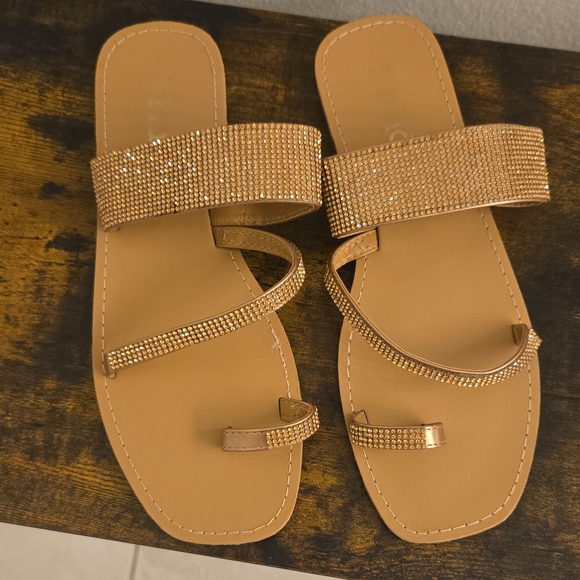 Mudd Shoes - Elegant Gold & Tan Sandals with Rhinestone Straps
